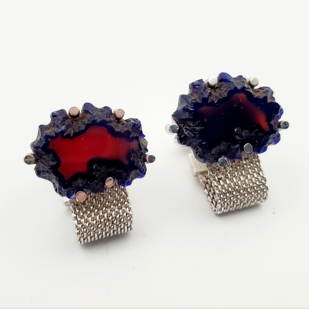 Vintage Men's Cufflinks Violet Blue & Red Geode Natural Stone Silver Mesh Wrap